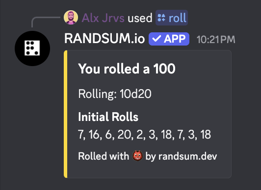 /roll 10d20 — rolled a 100